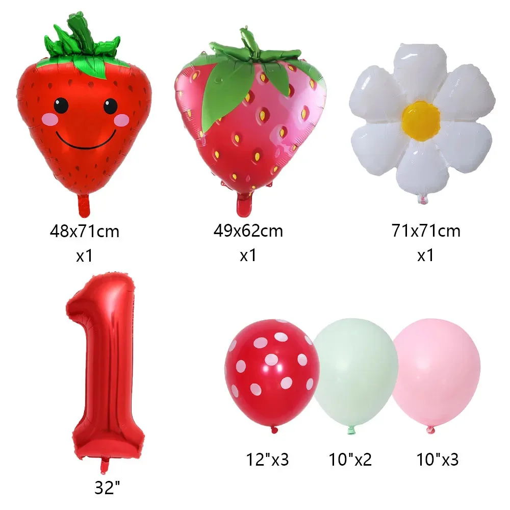 12Pcs Strawberry Daisy Flower Balloons Set 32inch Red Number Balloon for Berry First Birthday Girl Sweet Fruit Party Decorations