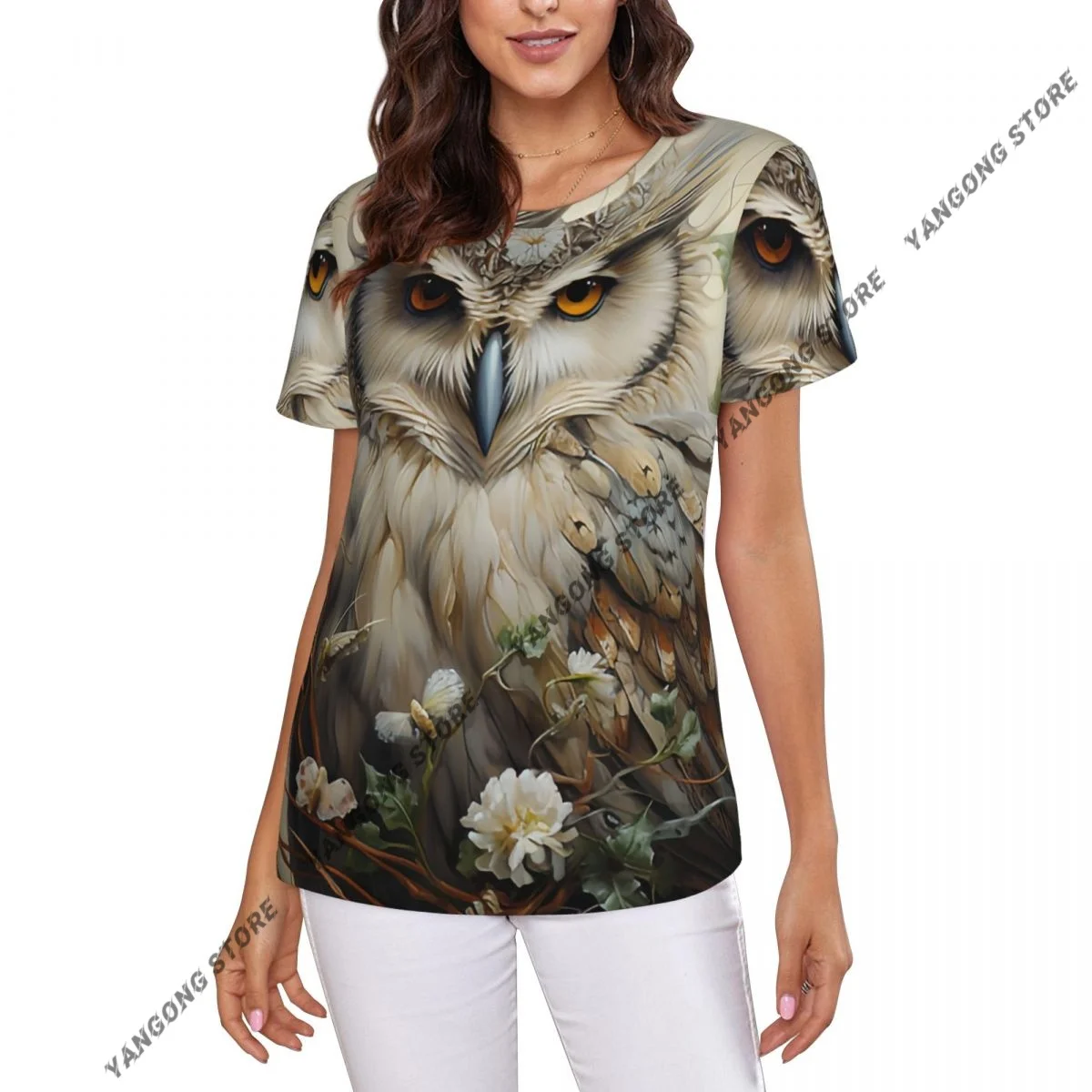 Women's T-shirt Owl With Crown Among Flowers Tshirt Women Casual O-Neck Short Sleeve Tops Tees Clothing
