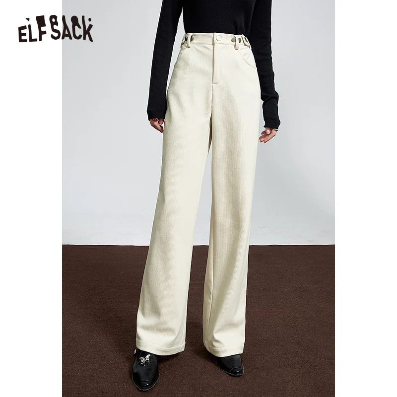 ELFSACK Corduroy White Warm Pants Women 2023 Winter High Waist Casual Daily Trousers