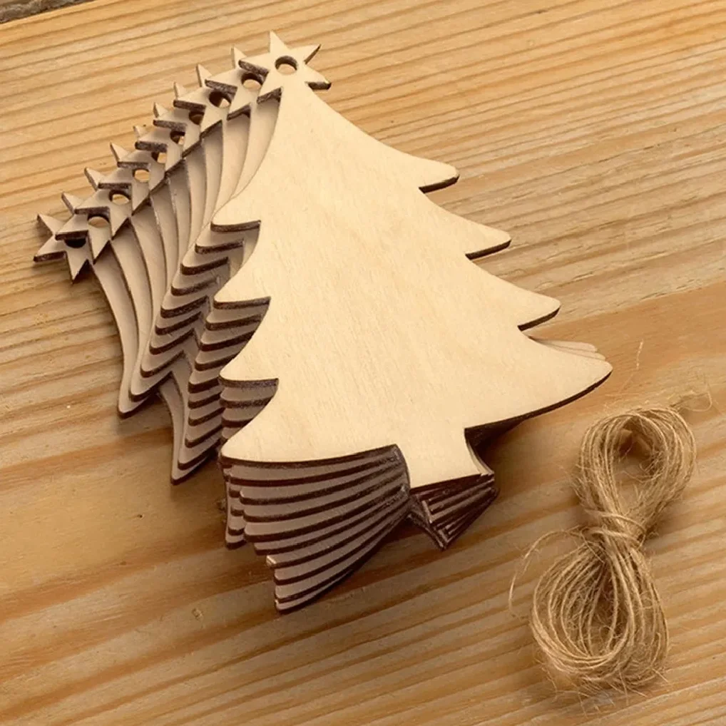 

10pcs Wooden Tree Embellishments Wood Christmas Tree Blanks with Twines for Christmas DIY Craft Card Decor