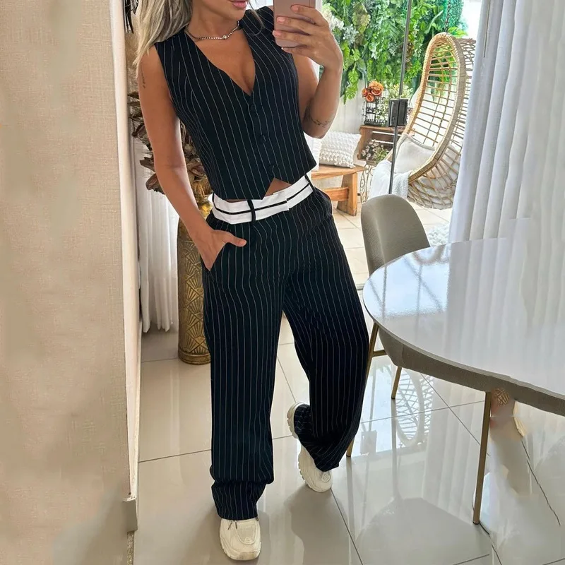 Striped Vest Top & Cuffed Pants Set Women Pant Sets Two Piece Suit Single Breasted V Neck Midi Waist Trousers Suits Pockets