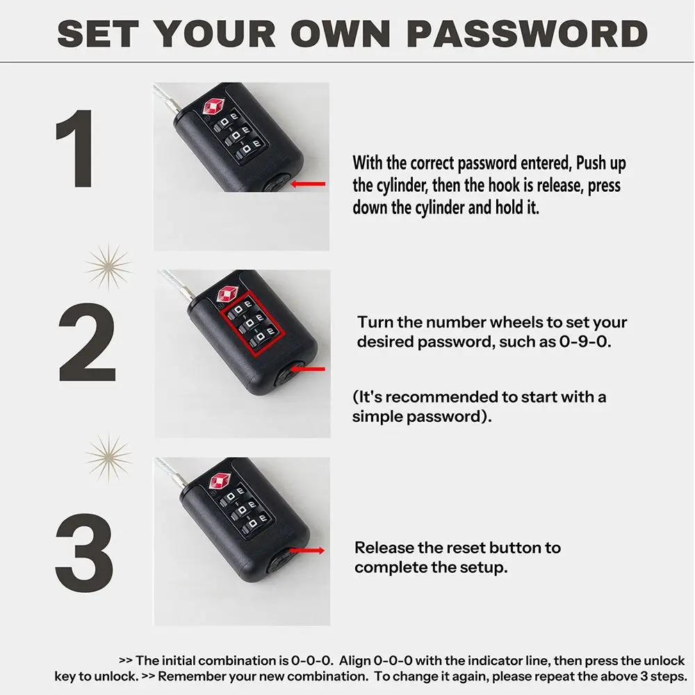 TSA 3 Digit Combination Lock Anti-theft Security Tool Suitcase Luggage Coded Lock Wire Rope Contrast Color Padlock for Travel