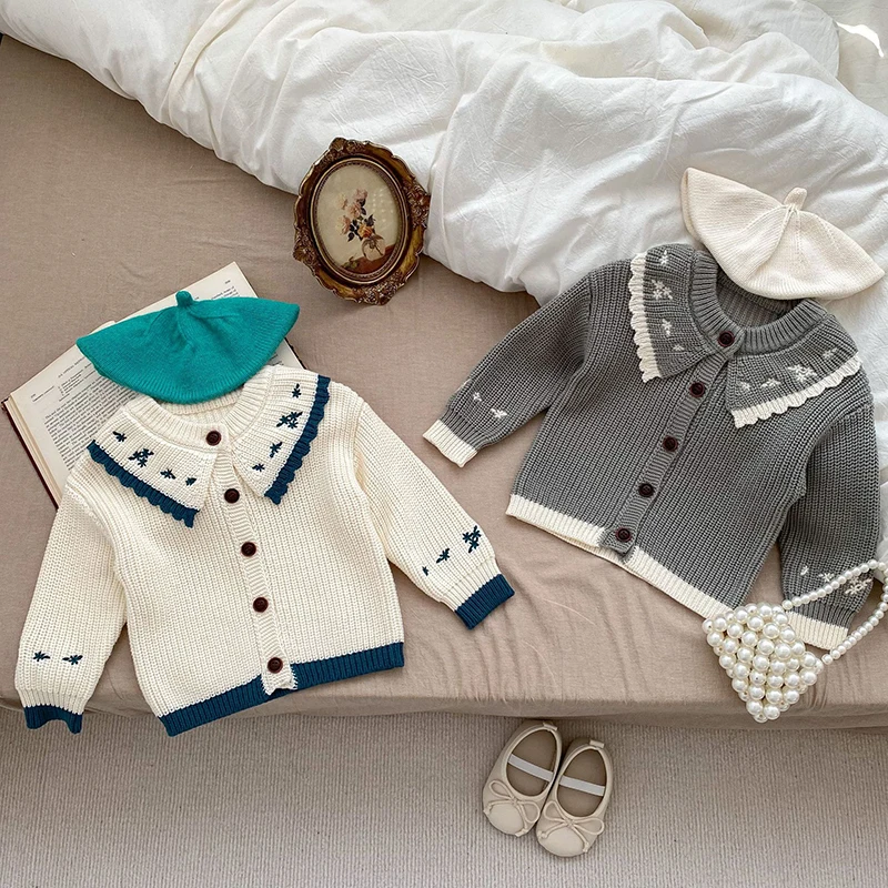 

Infant Baby Girls Long Sleeve Sweet Embroider Knitted Cardigan Coat Newborn Kids Baby Girls Solid Color Sweaters Cardigan Coat