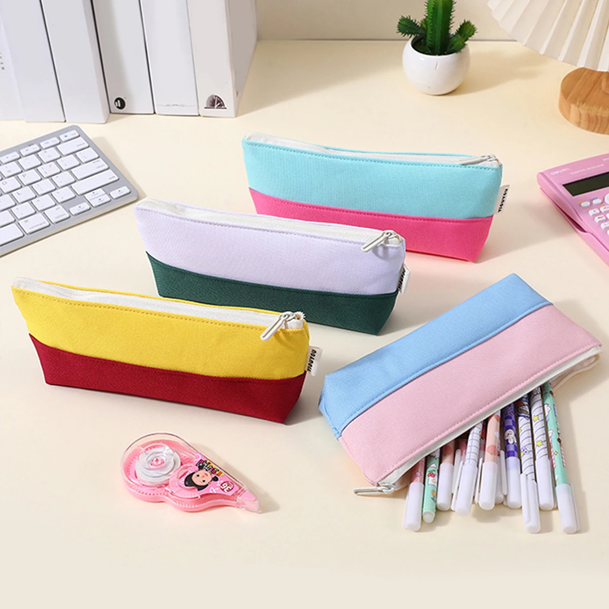 Colorblock Canvas Pen Case Portable Zipper Large Capacity Stationery Storage Bag For Students School Office Travel Daily Use