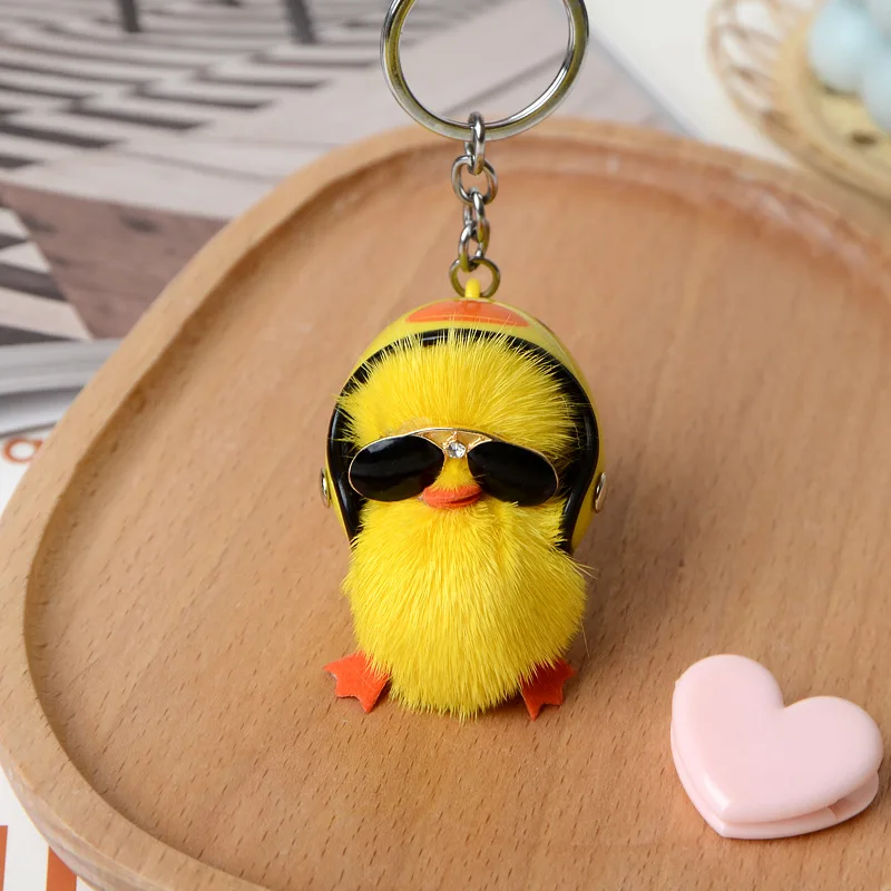 Cute Woman Keychain, A Cool Duck with Helmet and Eyes Mink Hair Little Duck Plush Bag Pendant  Car Keychain