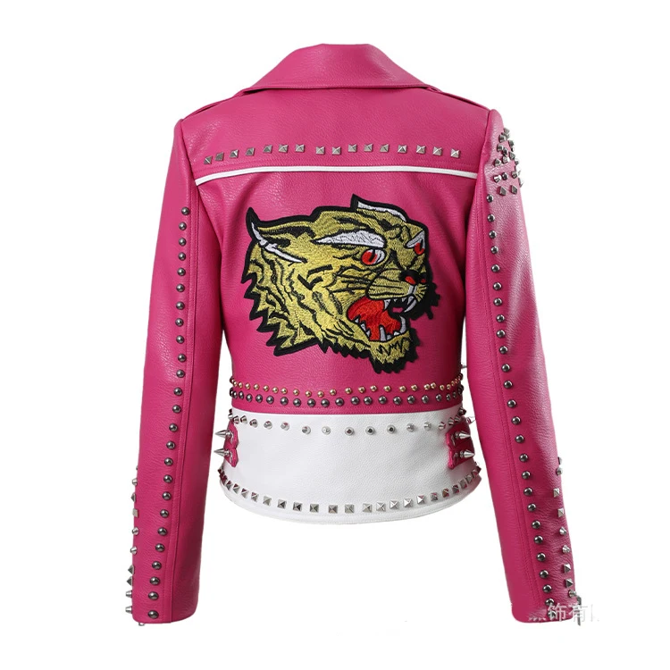 Motorcycle Jacket PU Material Pink Rock Jacket Long Rivet Woman's Biker Coat Wear Resistant Women's Motorcycle Jacket S-XXXL