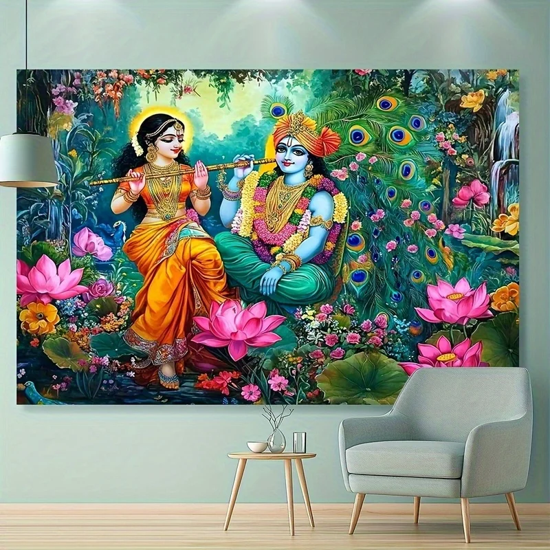 Traditional Indian Deity Tapestry, Colorful Floral Wall Hanging, Spiritual Art Decor, Ethnic Bedroom Blanket, Cultural Gift