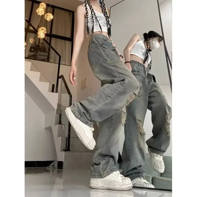 Retro Vintage Gerade Bein Zerrissene Jeans für Frauen 2024 Frühling Sommer Neue Spicy Girl Hohe Taille Lose Bodenlangen Breite Bein Hosen