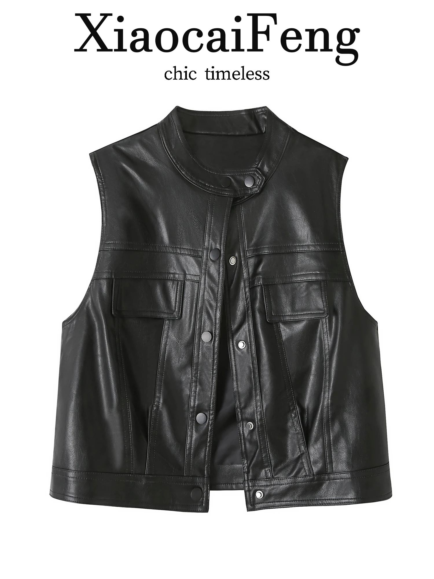 Cool Short Sleeveless PU Leather Vest Women's Fashion Outerwear Biker Jacket Button Decoration Stand Collar Spring Autumn