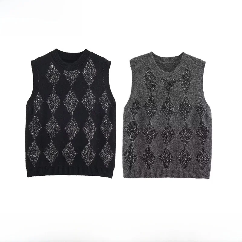 

Faionable ZR Sle Diamond iny Knitted Vest New Autumn Winter Women's Wear Commute Polyester Fiber round Ne No Button
