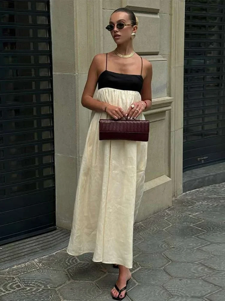 Sansheng nieuwe Zwart Wit Patchwork Slip Jurken Geplooide Losse Kleur Contrast Franse Sexy Vrouwen Linnen Jarretel Lange Jurk Mode