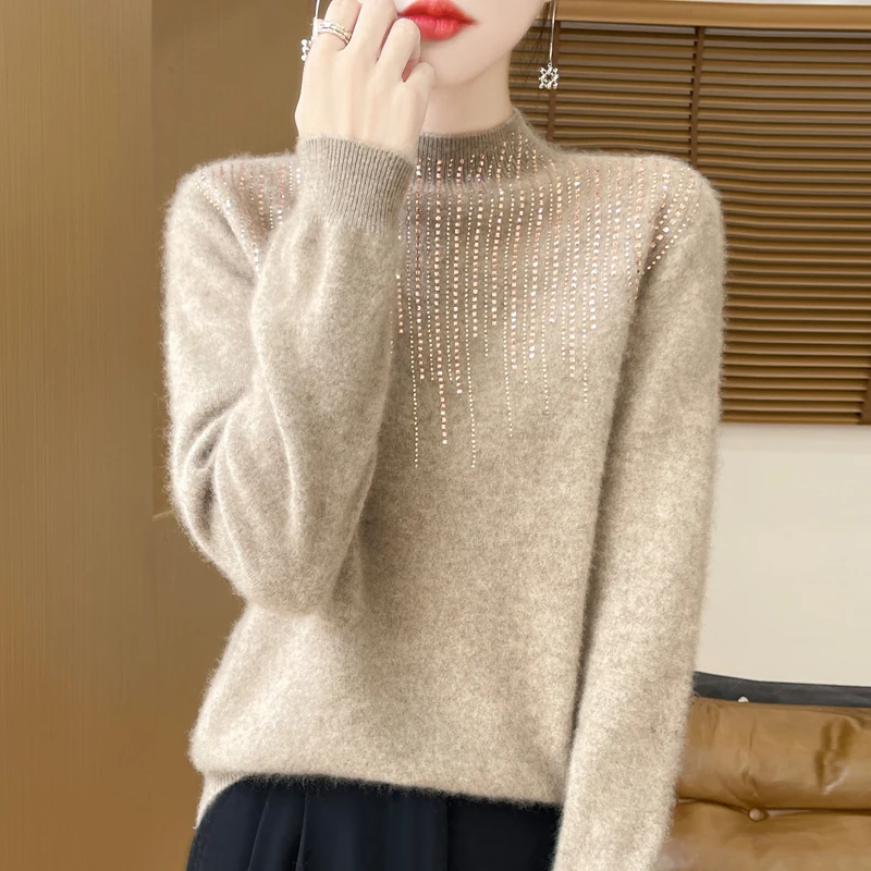 2025 autumn and winter women's wool sweater 100% pure wool pullover sweater women's cashmere shirt inlaid with diamonds sweater