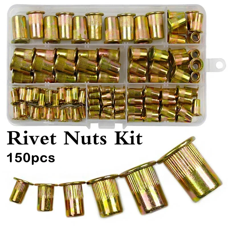 150Pcs Box Flat Head Riveter Nut Gun BT605 Blind Heavy Hand Inser Rivet Nut Tool Manual Mandrels M3/4/5/6/8/10 Riveting Set