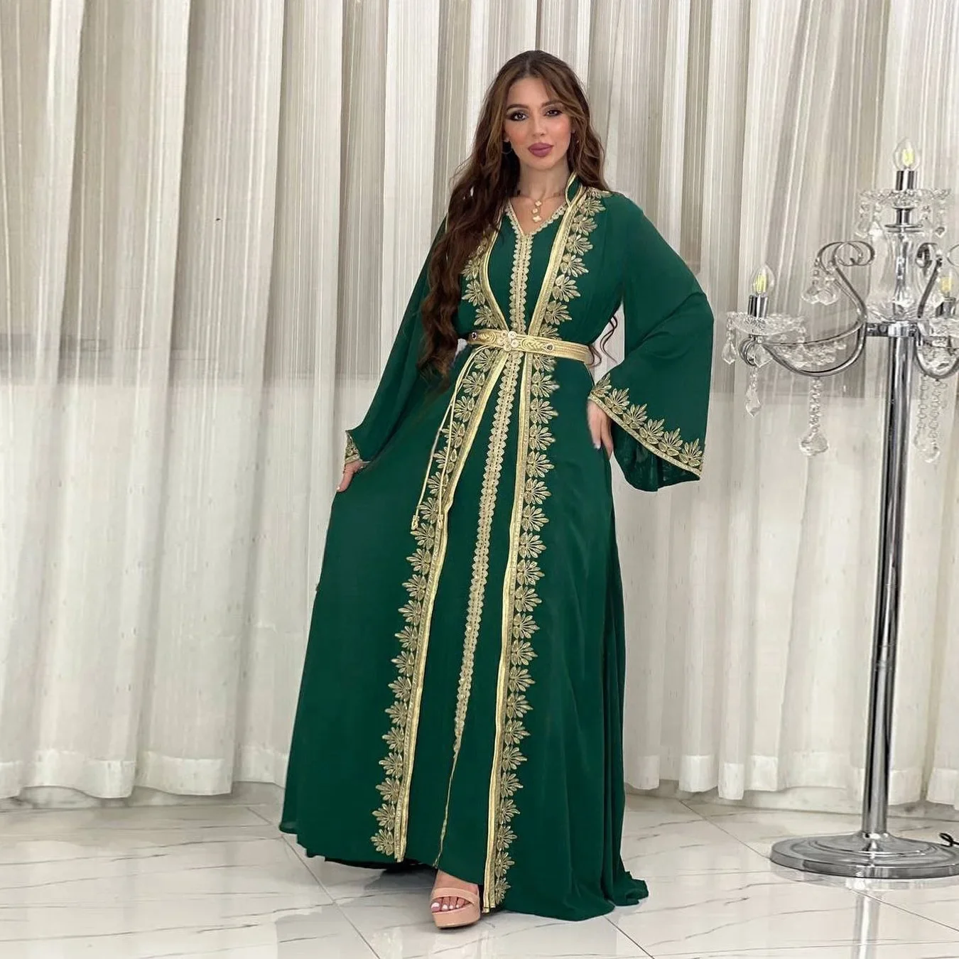 Chiffon Ribbon Abaya 2 Piece Set Kimono + Inner Dress Kaftan Muslim Suit Sets Abayas for Women Dubai Luxury Party Islam Outfits