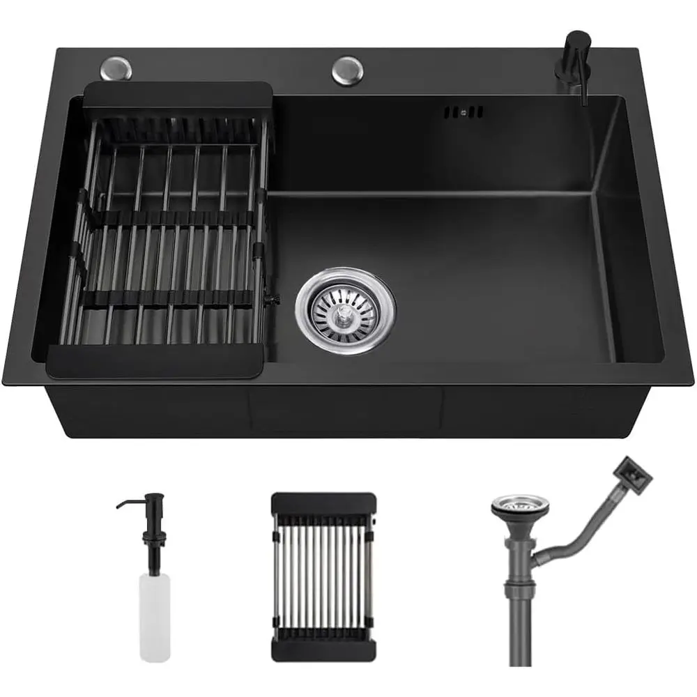 

19.7 * 17.7in Drop In Kitchen Sink with 3 Holes,Black Topmount StainlSteel Single Bowl Sinks With Drain basket & Soap dispenser