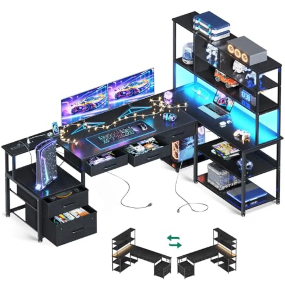 79 inch L Shaped Desk with 5 Drawers, LED Light & 2 Power Outlets | Reversible Black L Shaped Gaming Desk, Computer