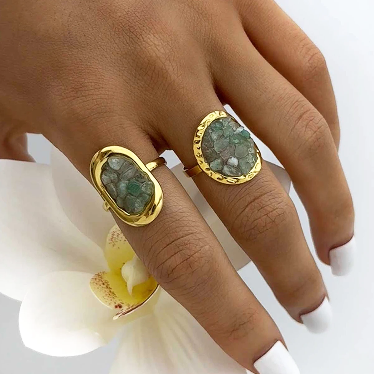 

Stainless Steel Rings Plated 18k Gold Color Statement Jewelry Natural Stone Adjustable Waterproof Daily Rings For Women Gift