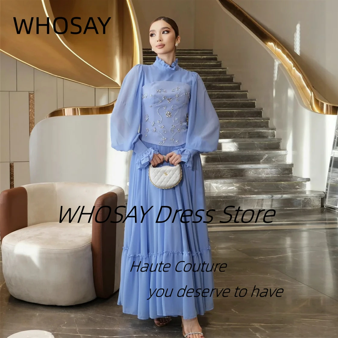 

WHOSAY платье вечернее Customized High Collar Evening Party Dresses Beaded Long Sleeves Special Prom Dress