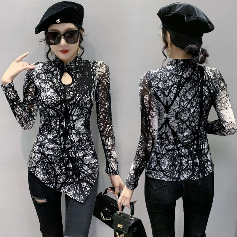 MadBlack European Clothes Tshirts Women Sexy Irregular Stand Collar Hollow Out Print Slim Tops Long Sleeve Tees Autumn T37759JM