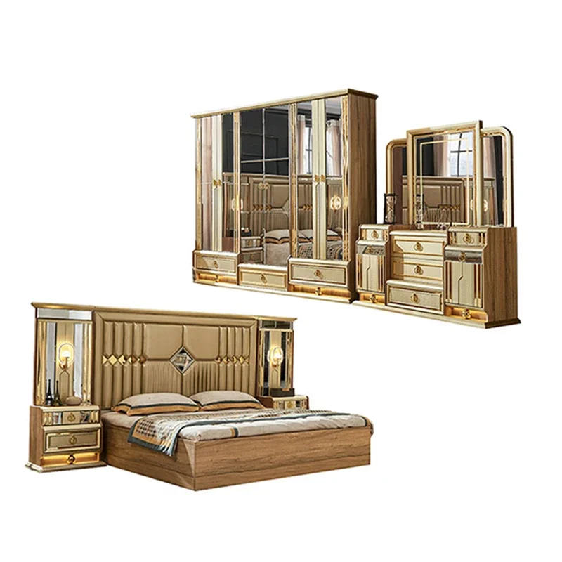 

A Luxury Gold Royal Wood King Size Bed Set Villa Master Room Modern Wooden Full Queen Mdf Home Furniture Bedroom Sets