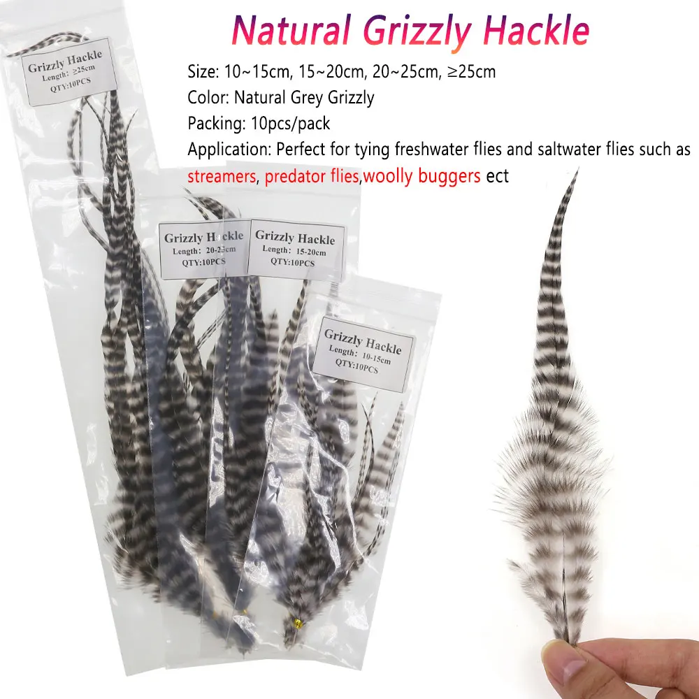 Bimoo 10pcs/Pack Natural Grey Grizzly Saddle Hackle Feathers Fly Tying Material Streamer Woolly Bugger Saltwater Fishing Lures