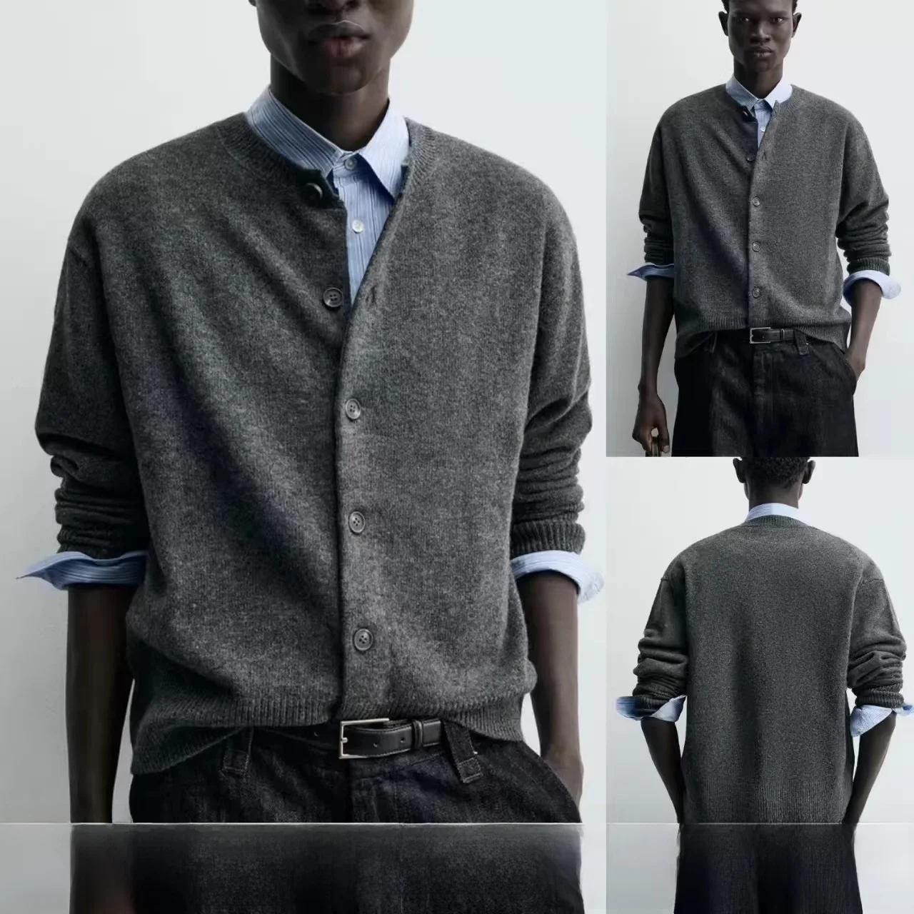 

Мужской дышащий повседневный кардиган свободного кроя из смесовой шерсти с длинными рукавами и круглым вырезом, весенняя верхняя одежда