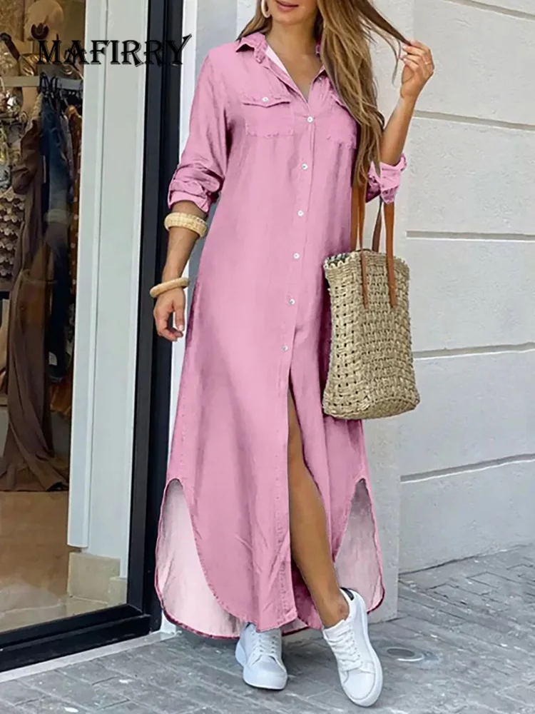 Cardigan Dress Casual Irregular Women Maxi Dress Summer Solid V-Neck Long Sleeve Ladies Dress Button Holiday Vintage Streetwear