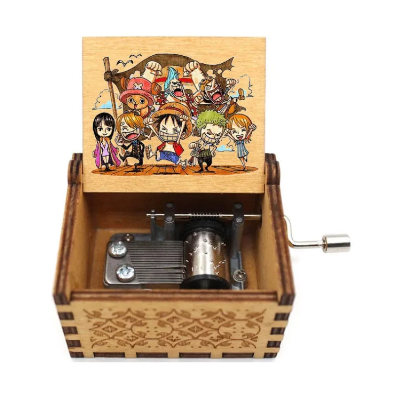 Caja de música de una pieza con diseño de dibujos animados de Luffy y Zoro, caja de música clásica de madera con manivela, adornos de caja de música