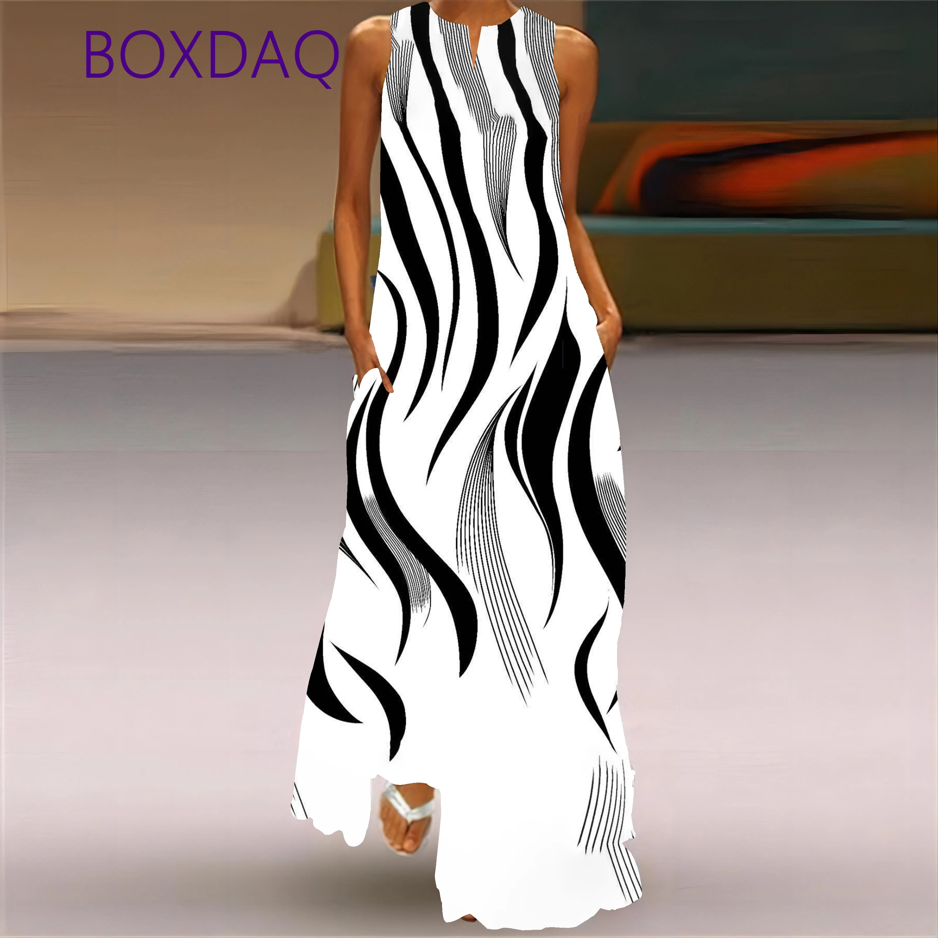 Elegant Floral Print Long Dress Women's Clothing 2025 New Spring Summer Sleeveless Sexy V-neck 3D Print Pattern Ladies Sundress