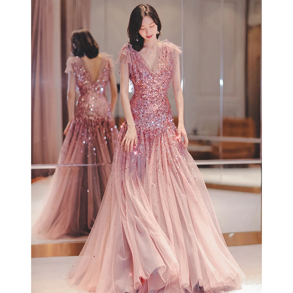

Light Luxury Pink Evening Dress Women Elegant Flying Sleeved V-Neck Prom Gown Gradient Glitter Patchwork Puff Fishtail Vestido