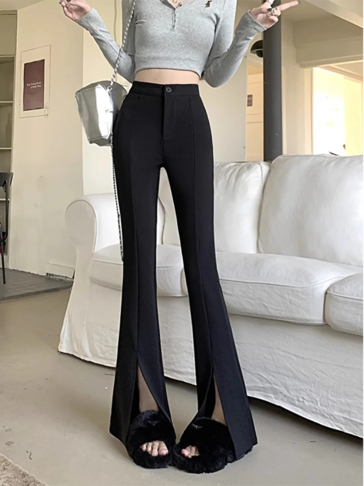 

Black Split Flared Pants For Women's Spring Design, Slim Pants, High Waisted Casual Pants, Draped Straight Leg Suit Pants