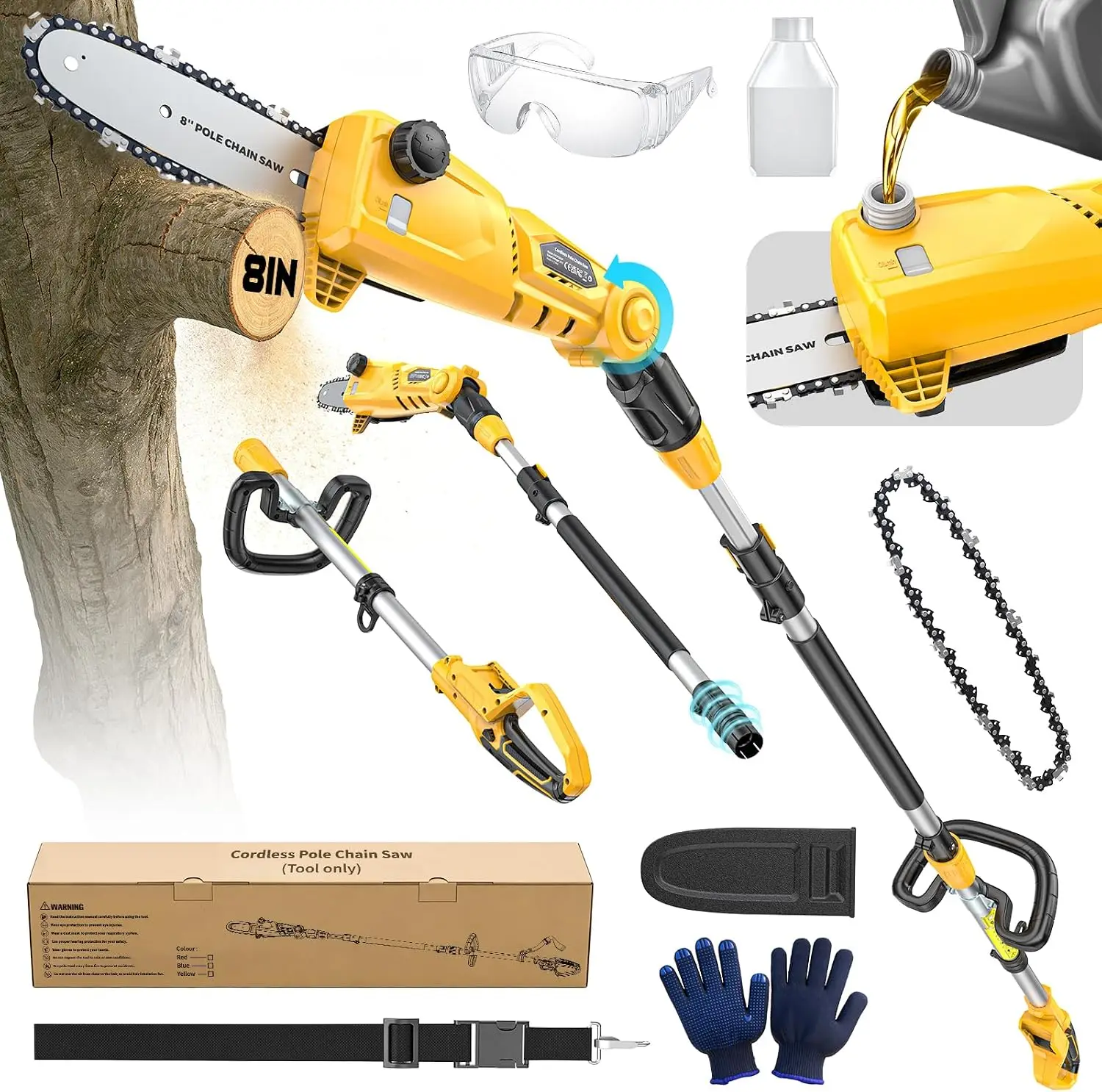 Pole Saw 20V 16FT Max Total Reach 8 Inch Detachable Tree Cutter Electric Chainsaw Trimmer 26ft s Cutting Speed Pruner Branch Pru