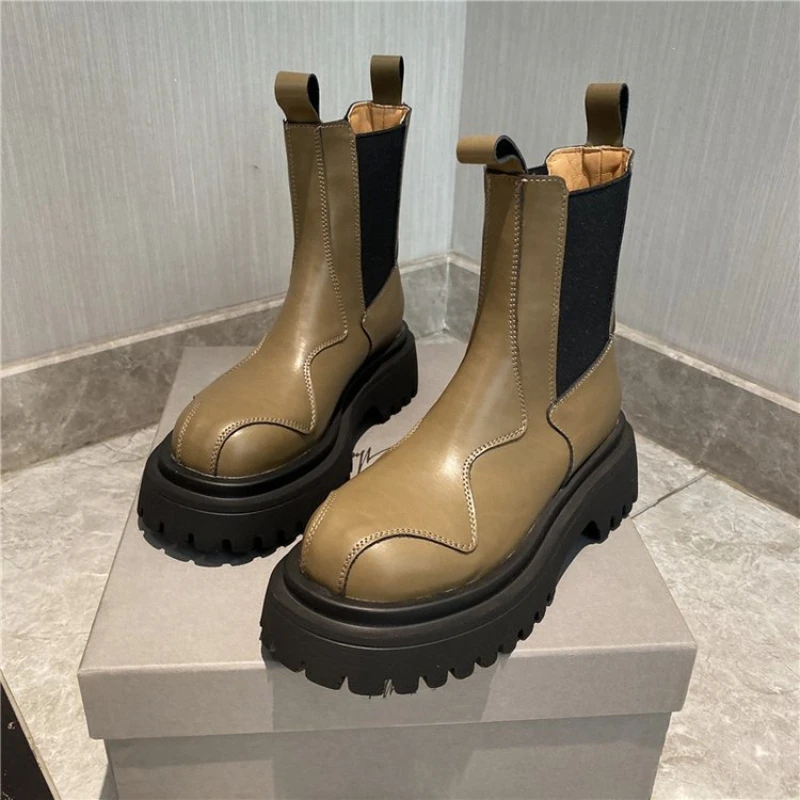 Chelsea Boots damskie buty na platformie moda markowa skóra ekologiczna okrągłe Toe Chunky botki obuwie damskie Bota De Vaqueiro