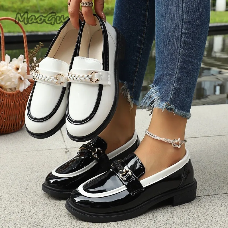 Women Black White Loafers Comfort Round Toe Low Heel Slip-On Shoes Vintage Female Casual Walking Shoes Size35-42 Sapato Feminino