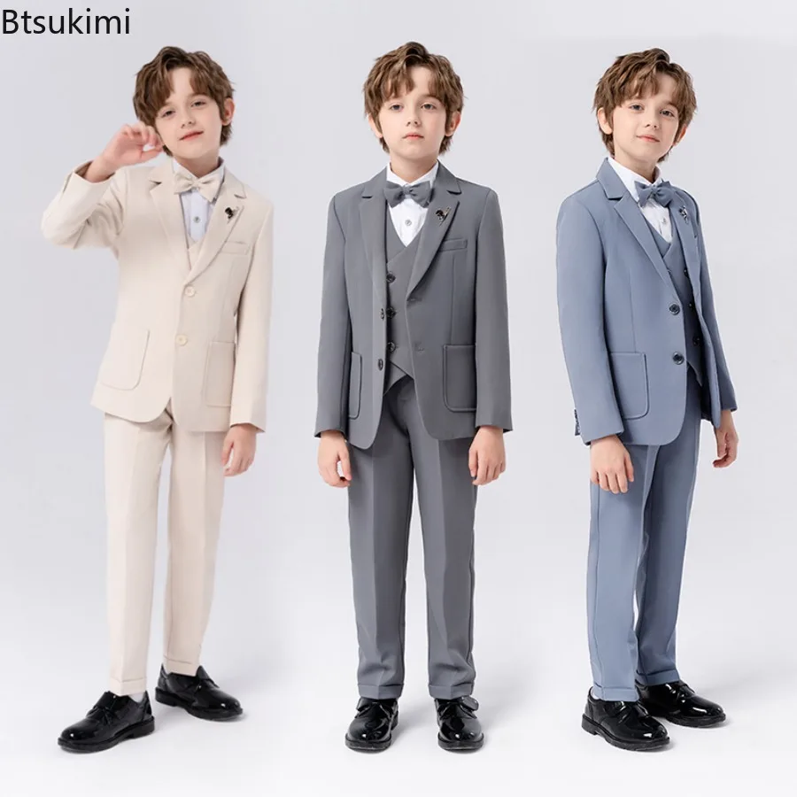 Kids Luxurious 5Pieces/Set Jacket Vest Pants Bowtie Brooch Party Dress Kids Graduation Photograph Suit Boys Performance Costume