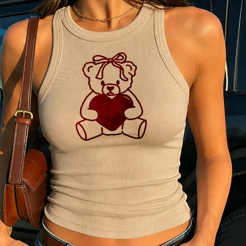 Lovecore Bow Teddy Bear Hug Red Heart Graphic Ribbed Crop Tank Top Y2K Retro Cute Girl Sleeveless Strap Cropped Cami Streetwear