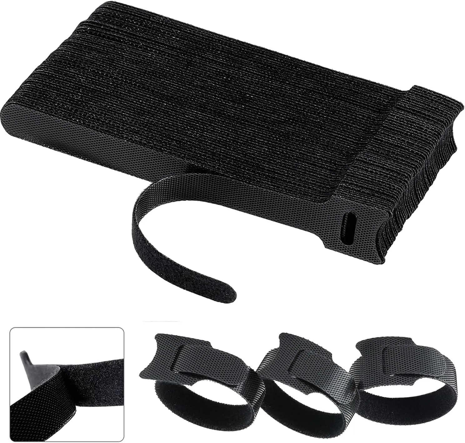 100pcs 20mmx20cm Reusable Cable Ties, Adjustable Cord Straps, Cable Organizer, Cord Wrap and Hook Loop Cords Management - Black
