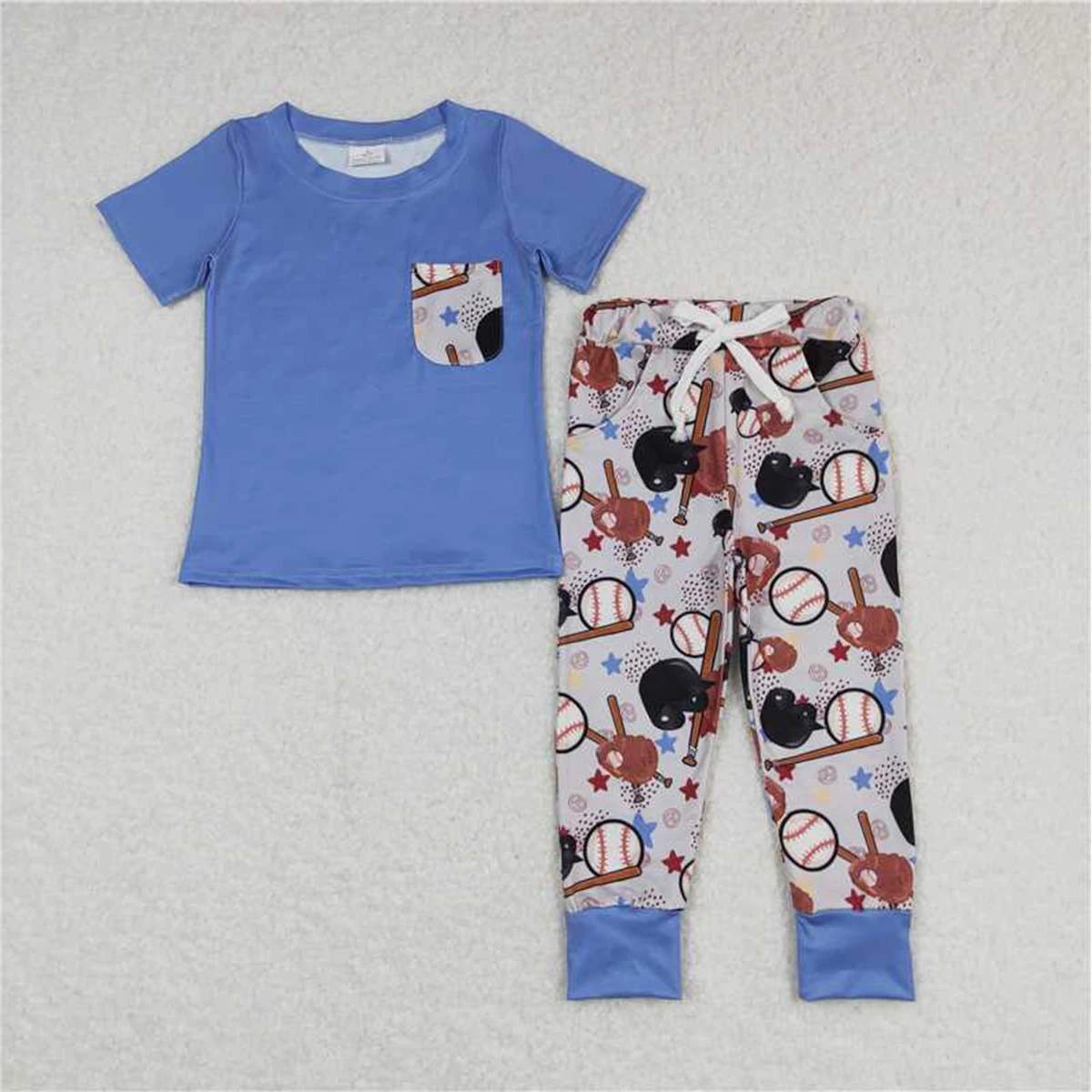 Wholesale Hot Sale Kids Western Boutique Outfits Baby Boys Clothes Baseball Star Gloves Navy Blue Border Long Sleeve Pants Suit