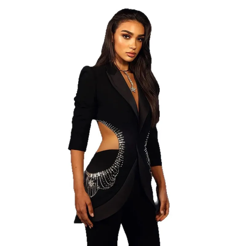 ALTA QUALITÀ Il più nuovo 2024 Designer Suit Donna Perline Diamanti Scava Fuori Bottone Singolo Giacca Pantaloni Set 2 PZ
