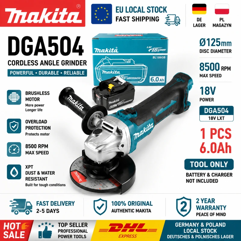 Original Makita DGA504 18V Bürstenloser Akku-Winkelschleifer 125mm (ohne Akku und Ladegerät) Elektrische Schleif- und Trennmaschine LXT Elektrowerkzeug EU-Lager Schneller Versand Kompatibel mit 18V