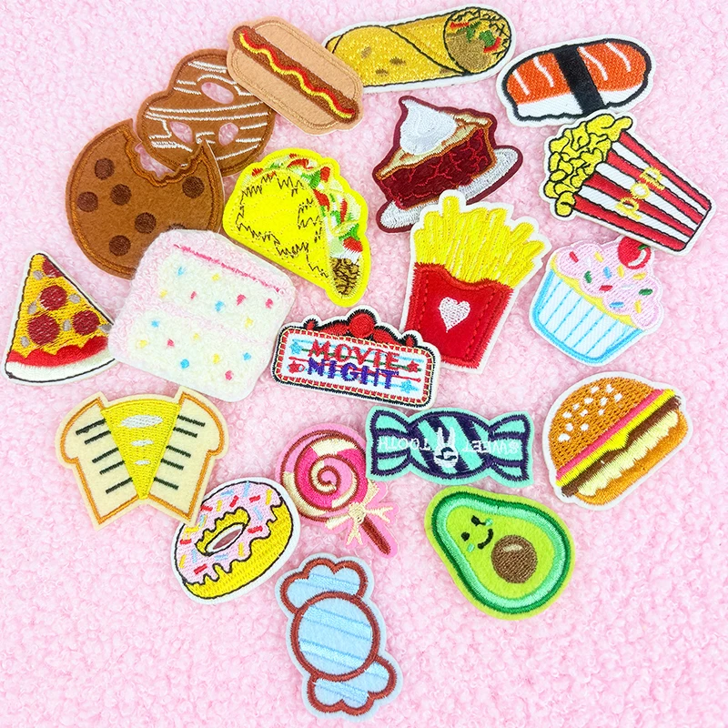 20Pcs Lot Food Doughnut Hamburg French Fries Embroidery Applique Stick On Patches Bulk Wholesale For Clothing Kids Fusible Cute