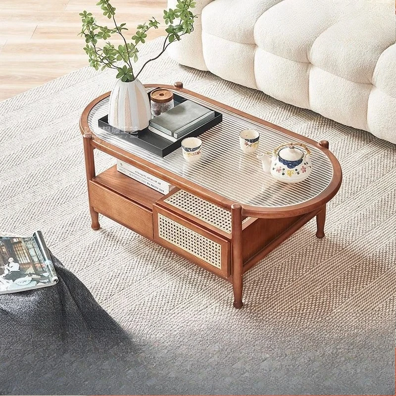 

Japanese-style coffee table living room household oval solid wood small apartment Changhong glass rattan homestay tea table new