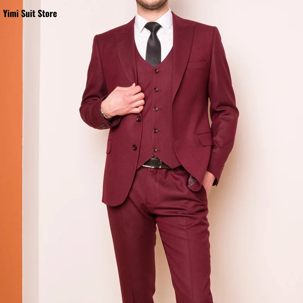 Roter Herrenanzug mit spitzem Revers und einem Knopf, lässig, geschäftlich, Hochzeit, Bräutigam, Party, Smoking, eleganter 3-teiliger Blazer, Jacke + Weste + Hose