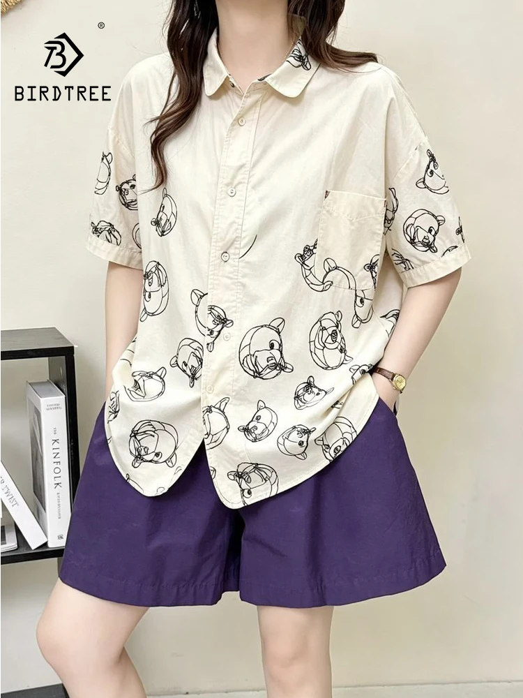 

New 2026 Summer Women Cotton Short Sleeve Shirt, Turn-down Collar Printed, Mori Girl Fashion Commute Thin Loose Blouse T65054CC