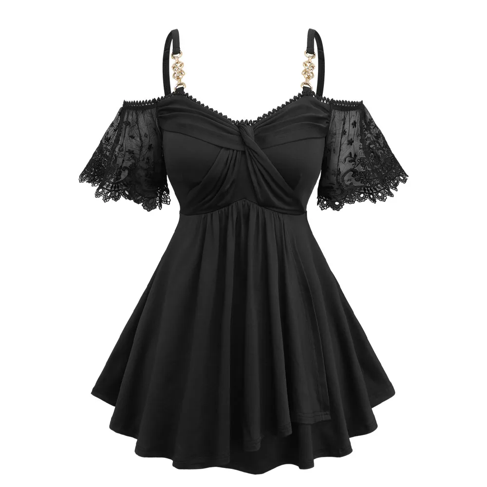 

ROSEGAL Plus Size Cold Shoulder Crossover Tops Women Spring Summer Fashion Floral Lace Jacquard Embroidery Sleeves T-shirts