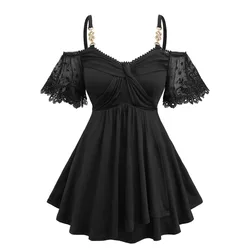 ROSEGAL Plus Size Cold Shoulder Crossover Tops Women Spring Summer Fashion Floral Lace Jacquard Embroidery Sleeves T-shirts