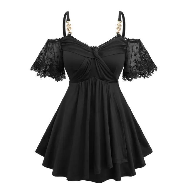 ROSEGAL Bluzki damskie plus size z odkrytymi ramionami, krzyżowane, wiosenno-letnie, modne, z kwiatowym wzorem, koronkowymi, żakardowymi rękawami i haftowanymi detalami.