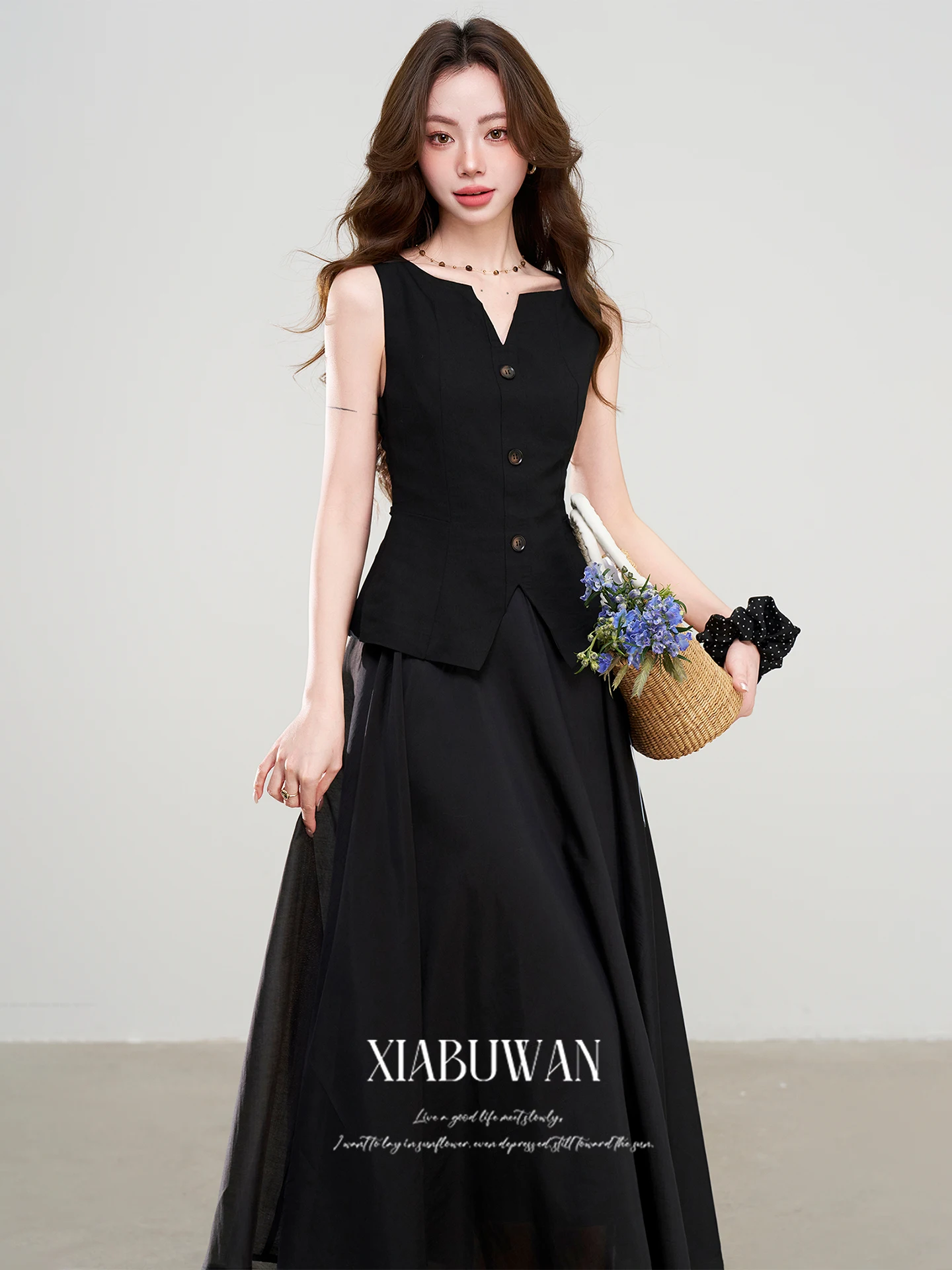 Nuevo Vestido de Verano Estilo Hepburn sin Mangas, Vestido Largo Negro con Cintura Ajustada para Mujer, Vestido Midi Estilo Francés, Falda en Línea A