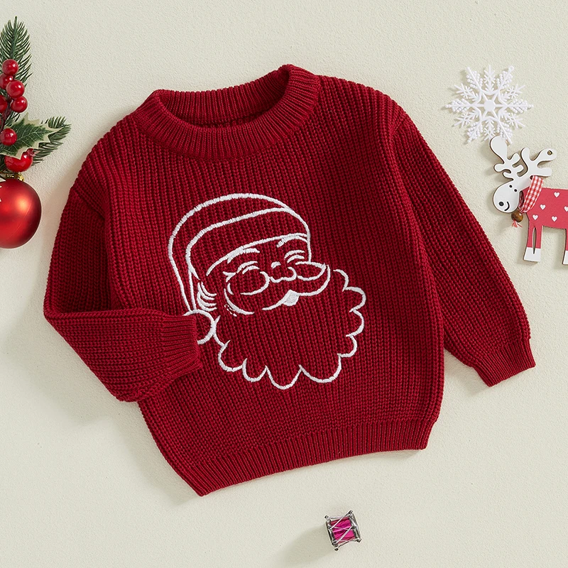 0-3Y Toddler Boy Girl Christmas maglione Santa Head Print Pattern ricamo manica lunga girocollo Chunky maglieria pullover