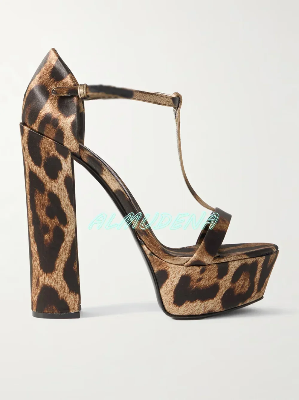 Glossy Leopard-print Satin Sandals Platform Block High Heels T-strapy Girl Summer Shoes 2025 New Arrivals Luxury Outdoors Sexy